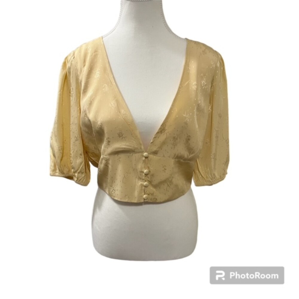 Lulus Luminous Yellow Jacquard Puff Sleeve Crop Top Large NWT